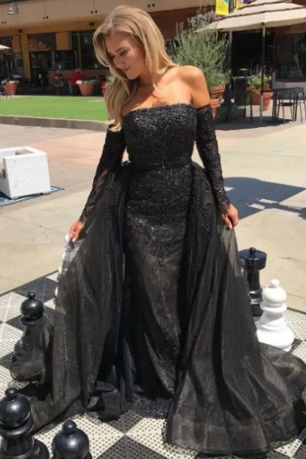 Anneprom Strapless Black Tulle Prom Dress With Lace Appliques Detachable Train APP0221