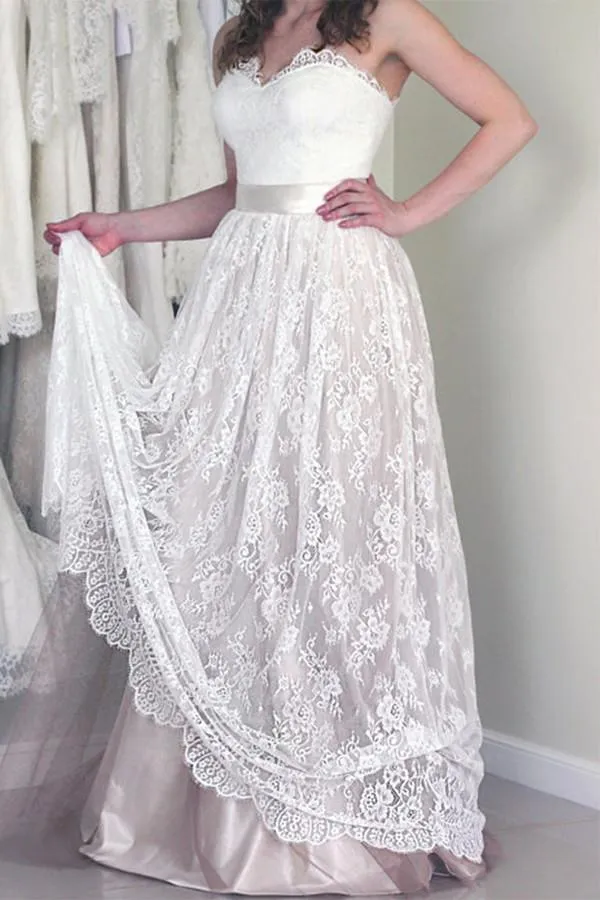 Anneprom Sweetheart Sleeveless Long White Wedding Dress With LaceAPW0056