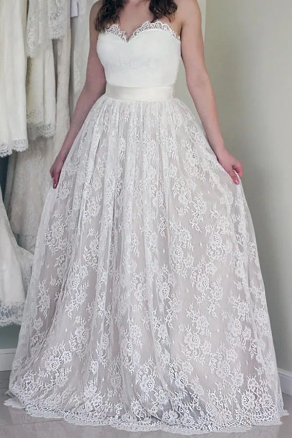 Anneprom Sweetheart Sleeveless Long White Wedding Dress With LaceAPW0056