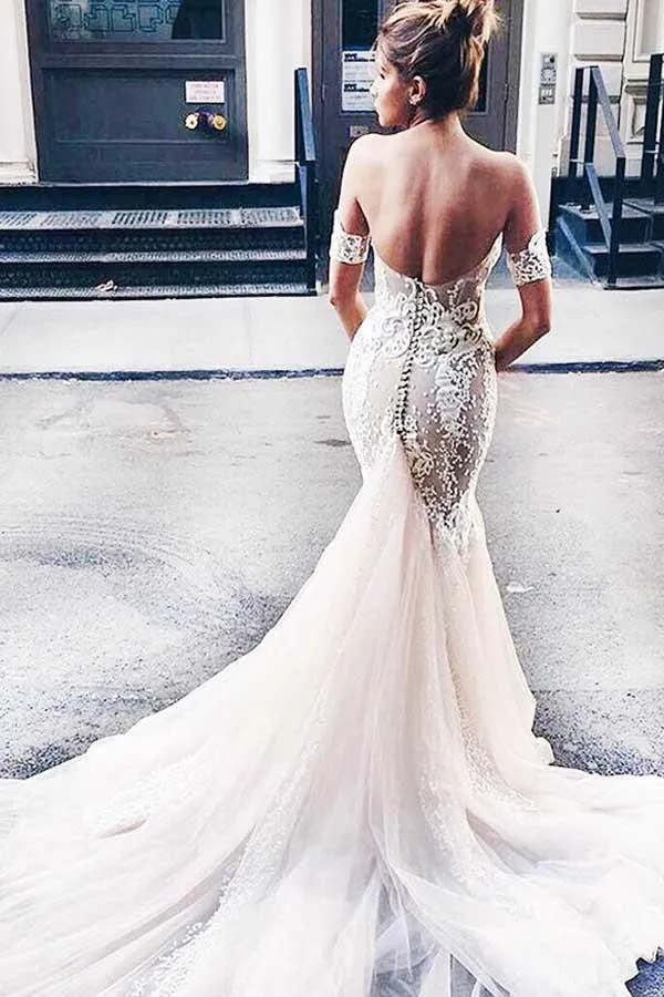 Anneprom Sweetheart Watteau Train Mermaid Wedding Dress With White Lace APW0209