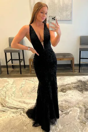Anneprom V Neck Mermaid Black Lace Long Prom Dress, Mermaid Black Formal Dress APP0681