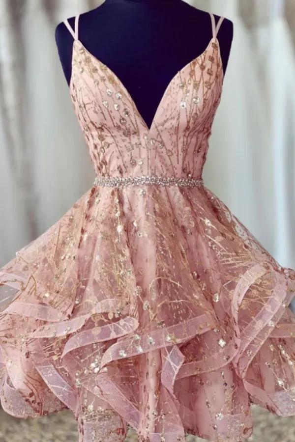 Anneprom V Neck Short Champagne Lace Prom Dresses with Corset Back, Short Lace Formal Homecoming Graduation Dresses APH0169