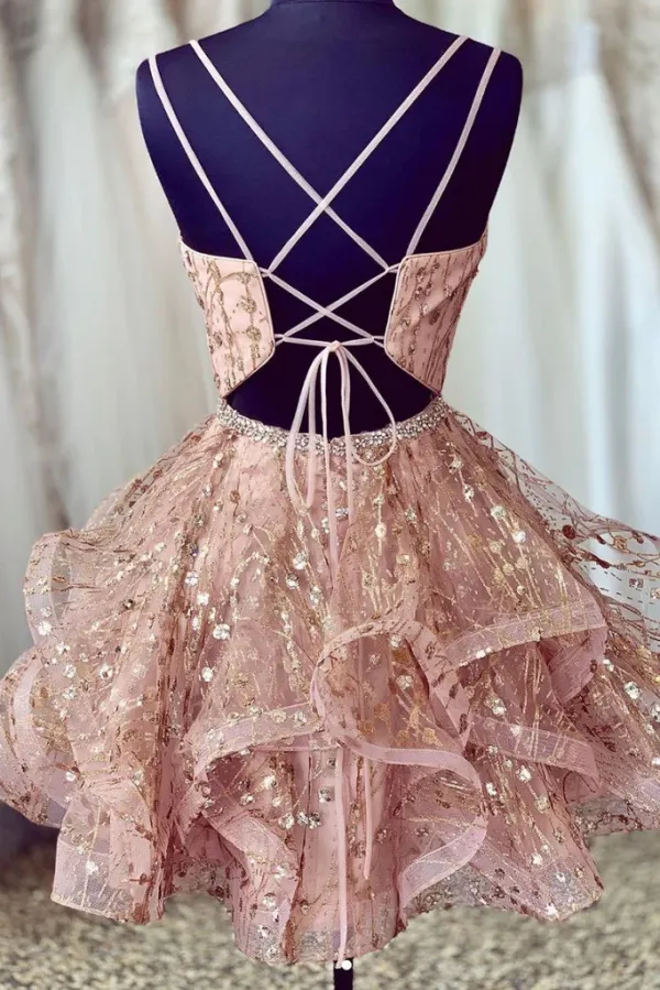 Anneprom V Neck Short Champagne Lace Prom Dresses with Corset Back, Short Lace Formal Homecoming Graduation Dresses APH0169