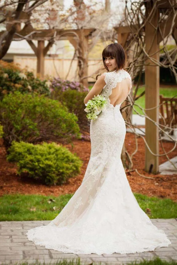 Anneprom Vintage Quee Keyhole Winter Long Lace Mermaid Wedding Dress APW0172