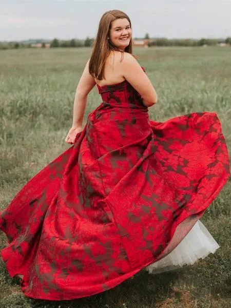 AnnepromNew Arrival Burgundy Sweetheart Floral Long Plus Size Prom Dresses with Pockets APP0353