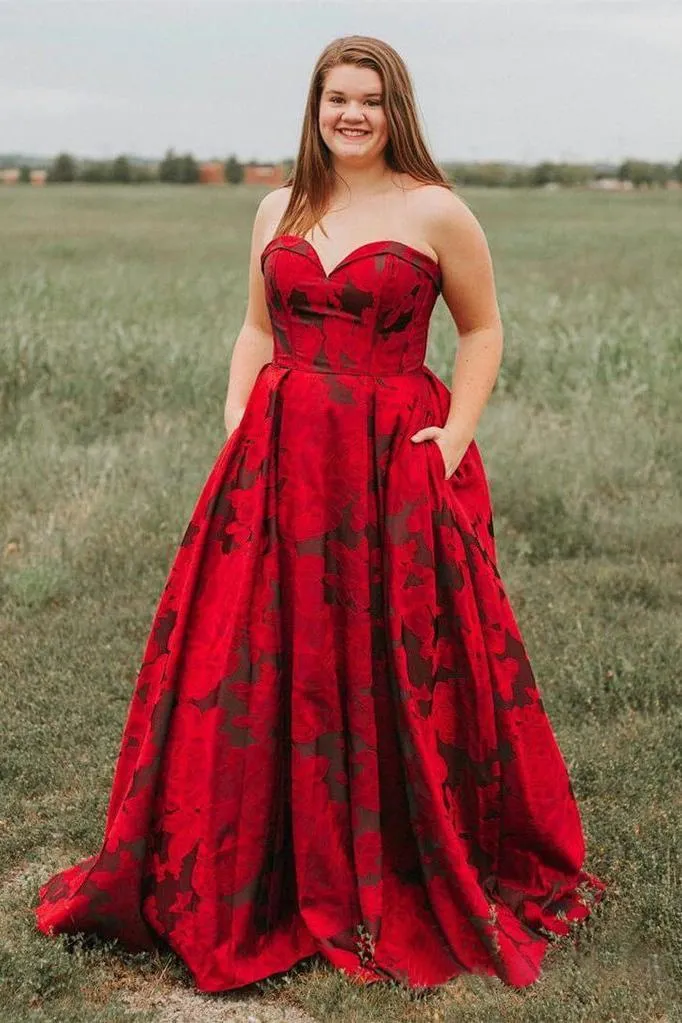 AnnepromNew Arrival Burgundy Sweetheart Floral Long Plus Size Prom Dresses with Pockets APP0353