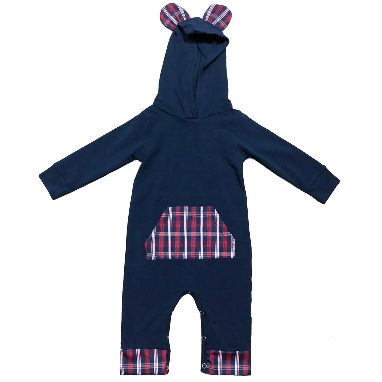 AnnLoren Girls Long Sleeve Teddy Bear Blue Plaid Baby Toddler Romper Hoodie One Piece