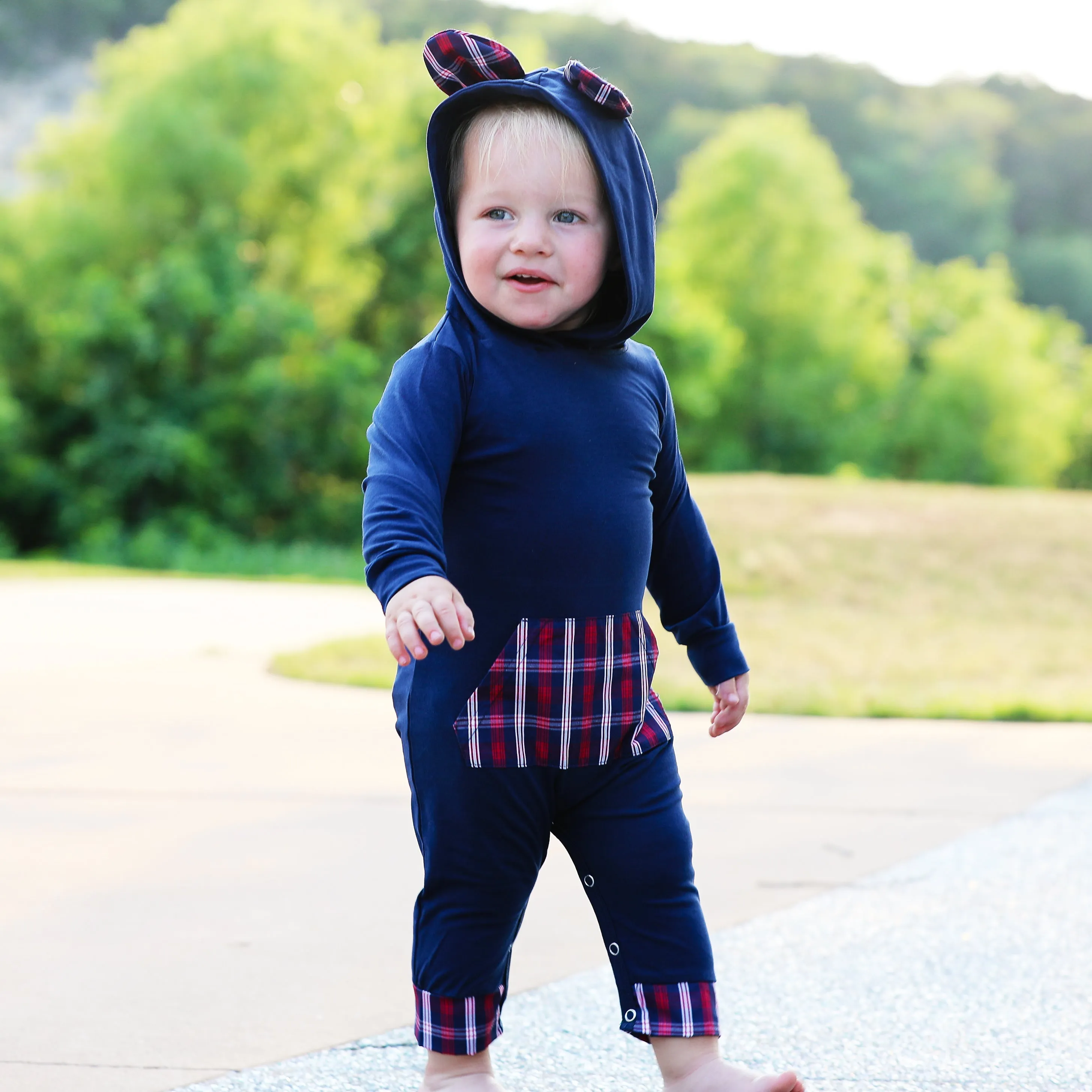 AnnLoren Girls Long Sleeve Teddy Bear Blue Plaid Baby Toddler Romper Hoodie One Piece