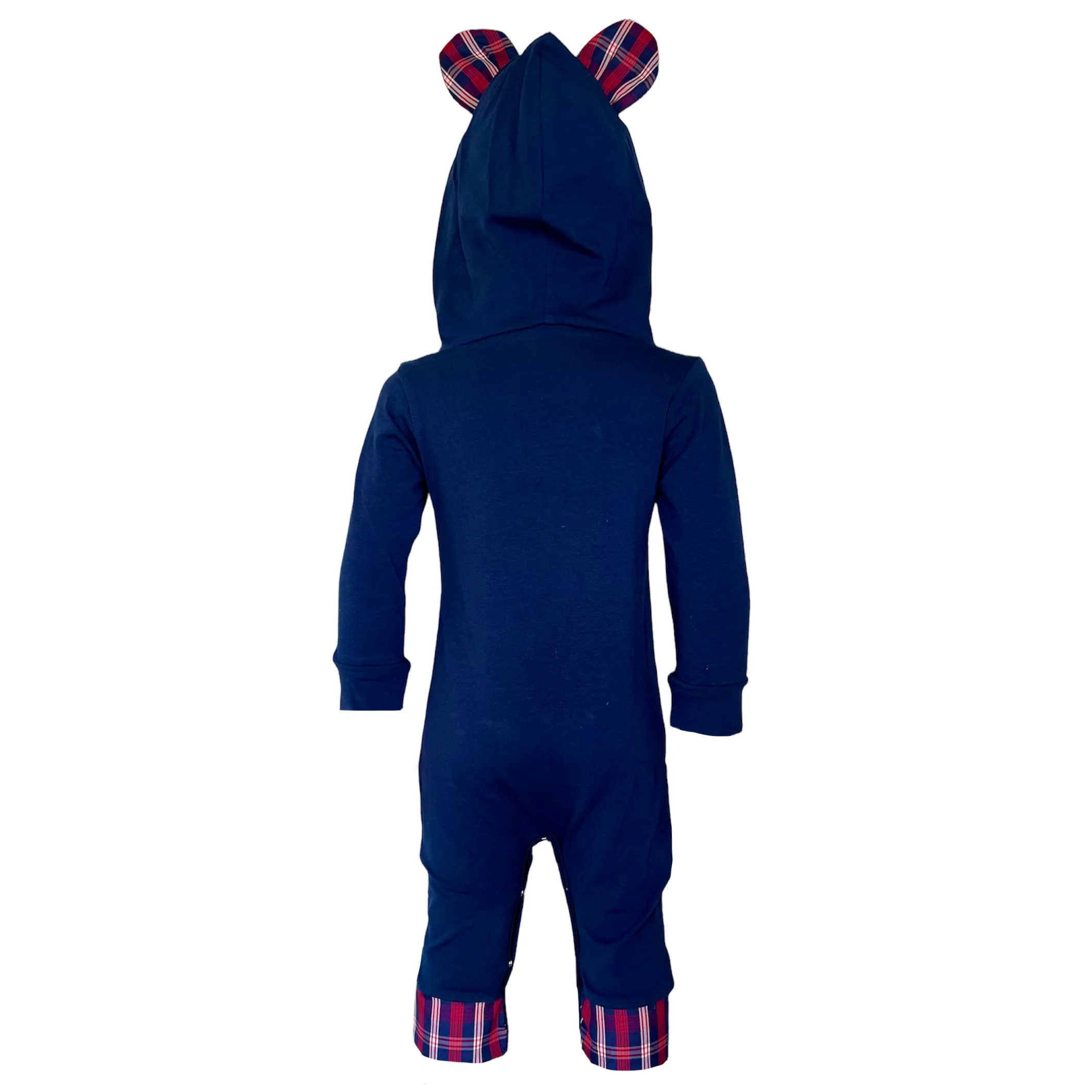 AnnLoren Girls Long Sleeve Teddy Bear Blue Plaid Baby Toddler Romper Hoodie One Piece