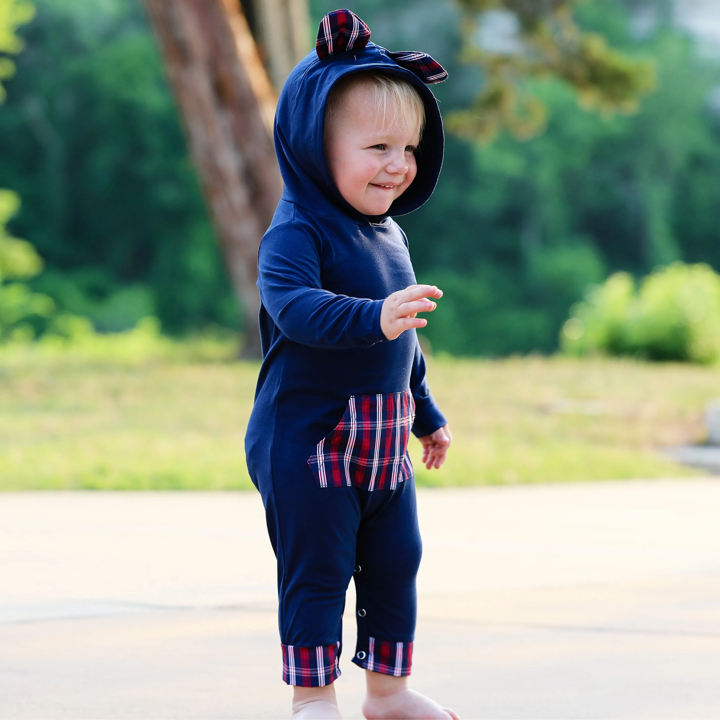 AnnLoren Girls Long Sleeve Teddy Bear Blue Plaid Baby Toddler Romper Hoodie One Piece