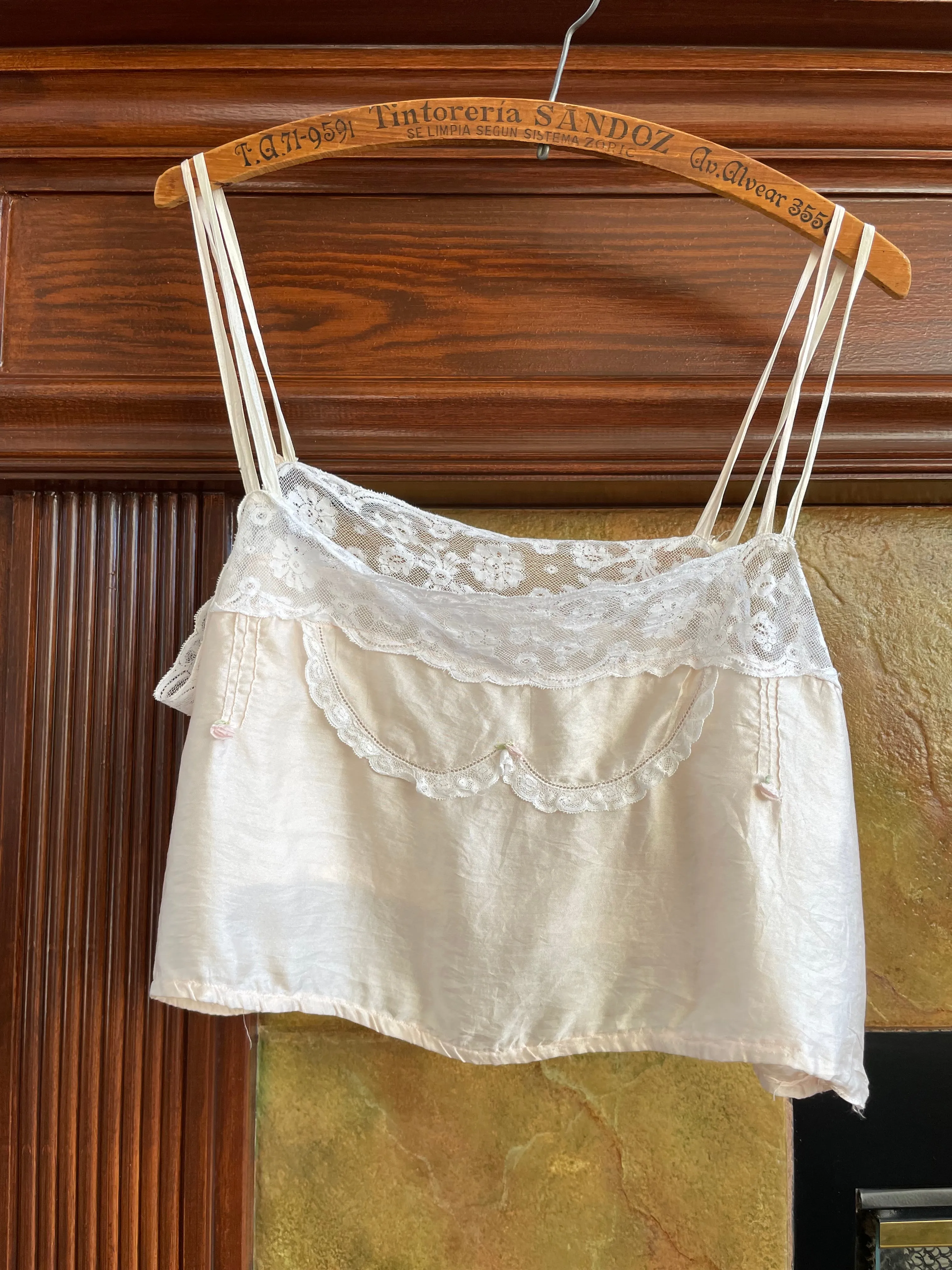 Antique Edwardian Pale Pink Silk Rosettes Double Strap Corset Cover