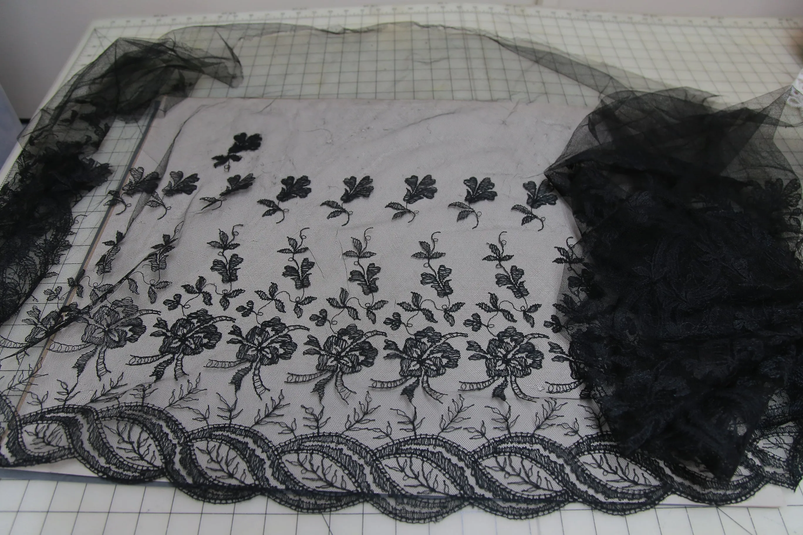Antique Victorian trim black silk net lace flounce from dress