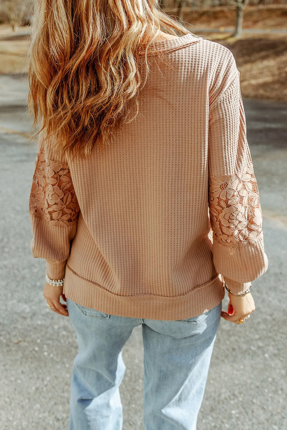 Apricot Plus Size Strappy Neck Lace Waffle Patchwork Top