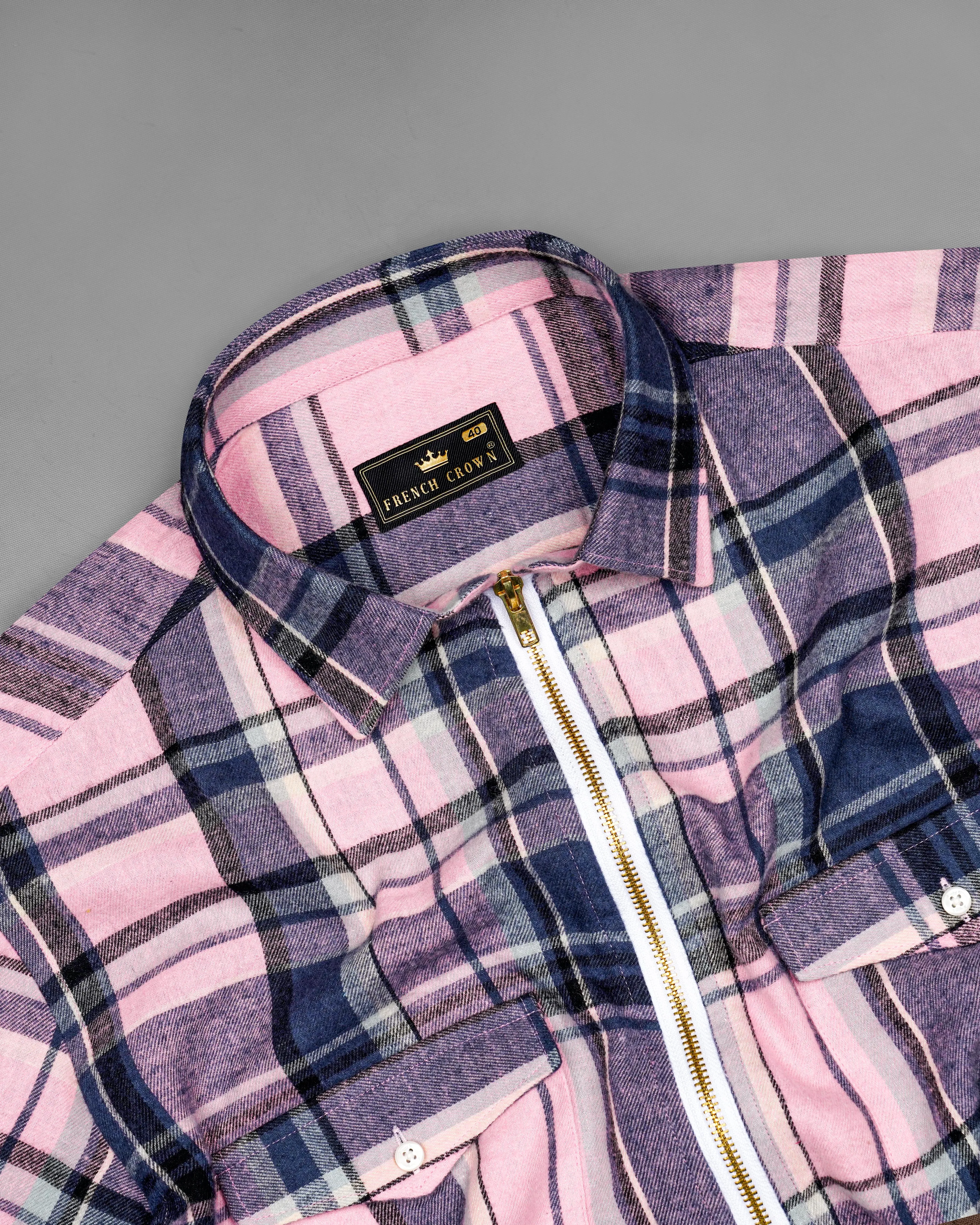 Azalea Pink with Chambray Navy Blue and Black Plaid Flannel Designer Overshirt with Zipper Closure