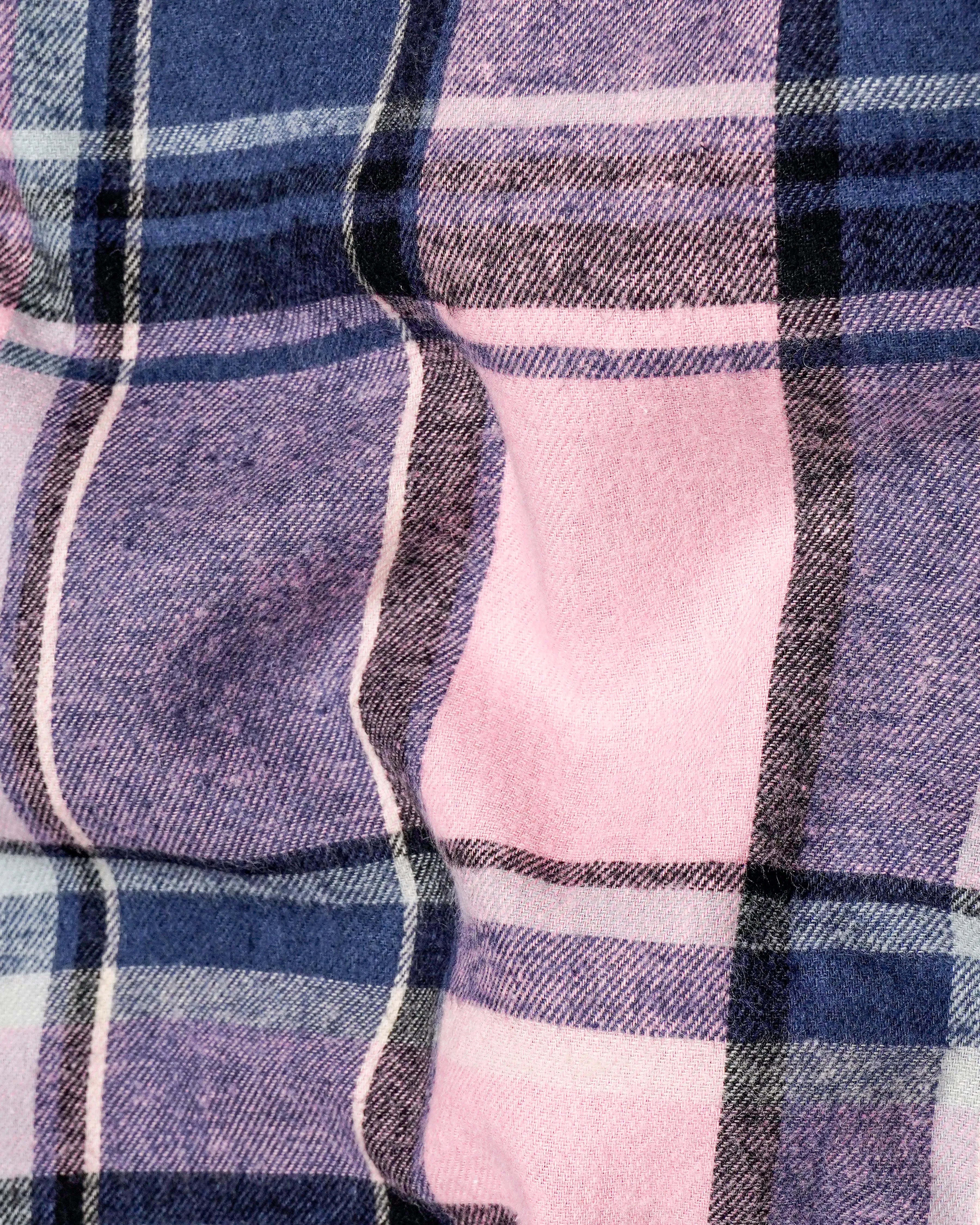 Azalea Pink with Chambray Navy Blue and Black Plaid Flannel Designer Overshirt with Zipper Closure