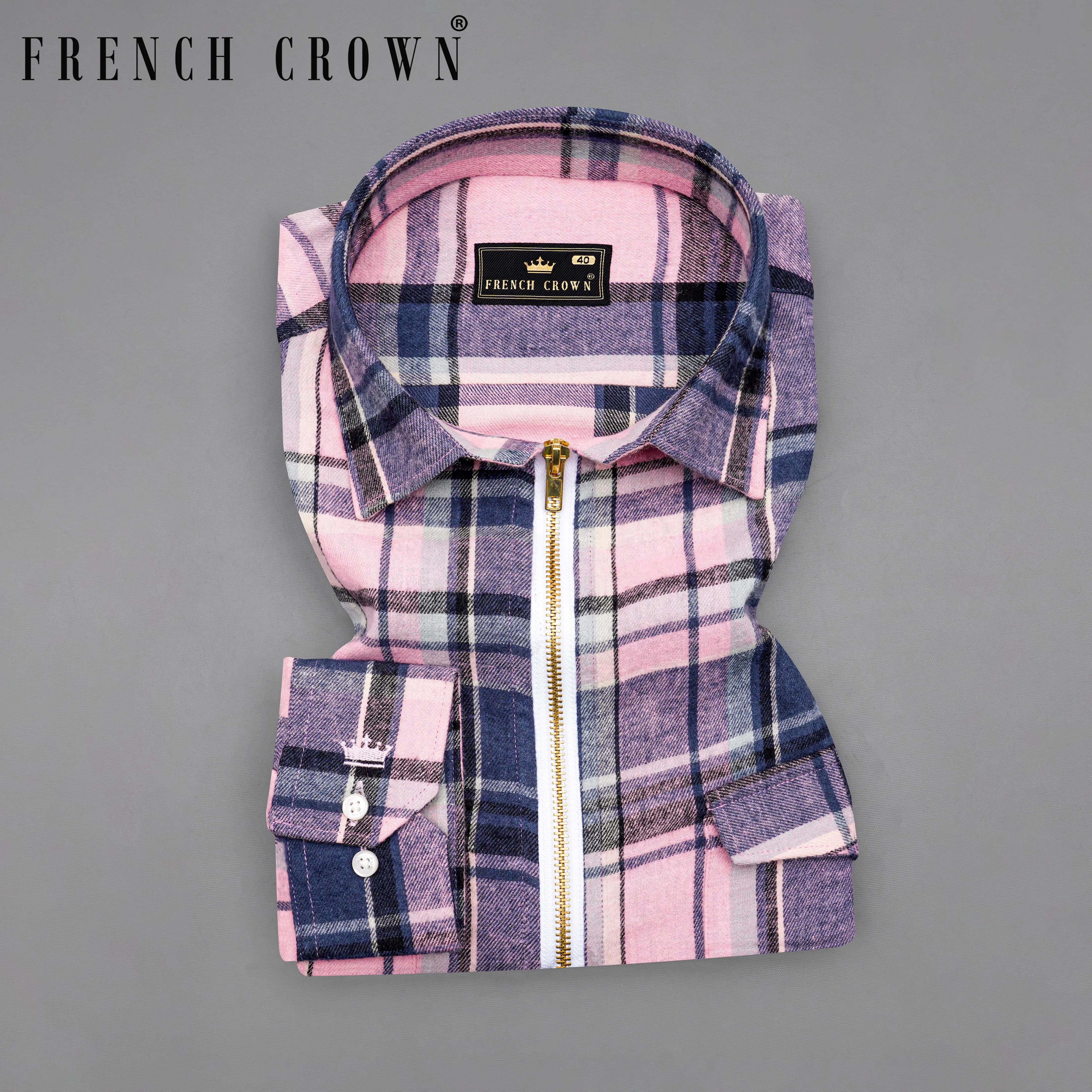 Azalea Pink with Chambray Navy Blue and Black Plaid Flannel Designer Overshirt with Zipper Closure