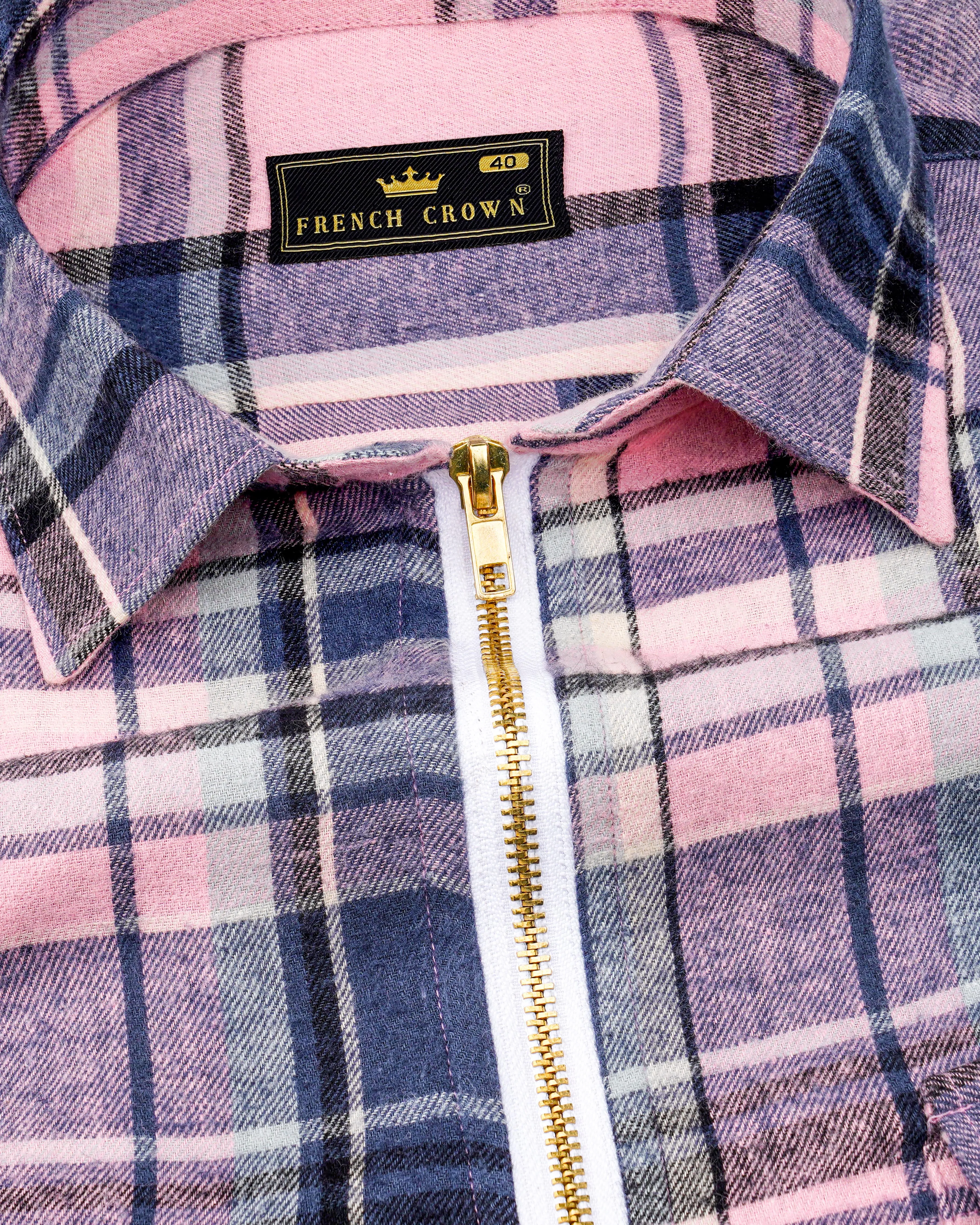 Azalea Pink with Chambray Navy Blue and Black Plaid Flannel Designer Overshirt with Zipper Closure