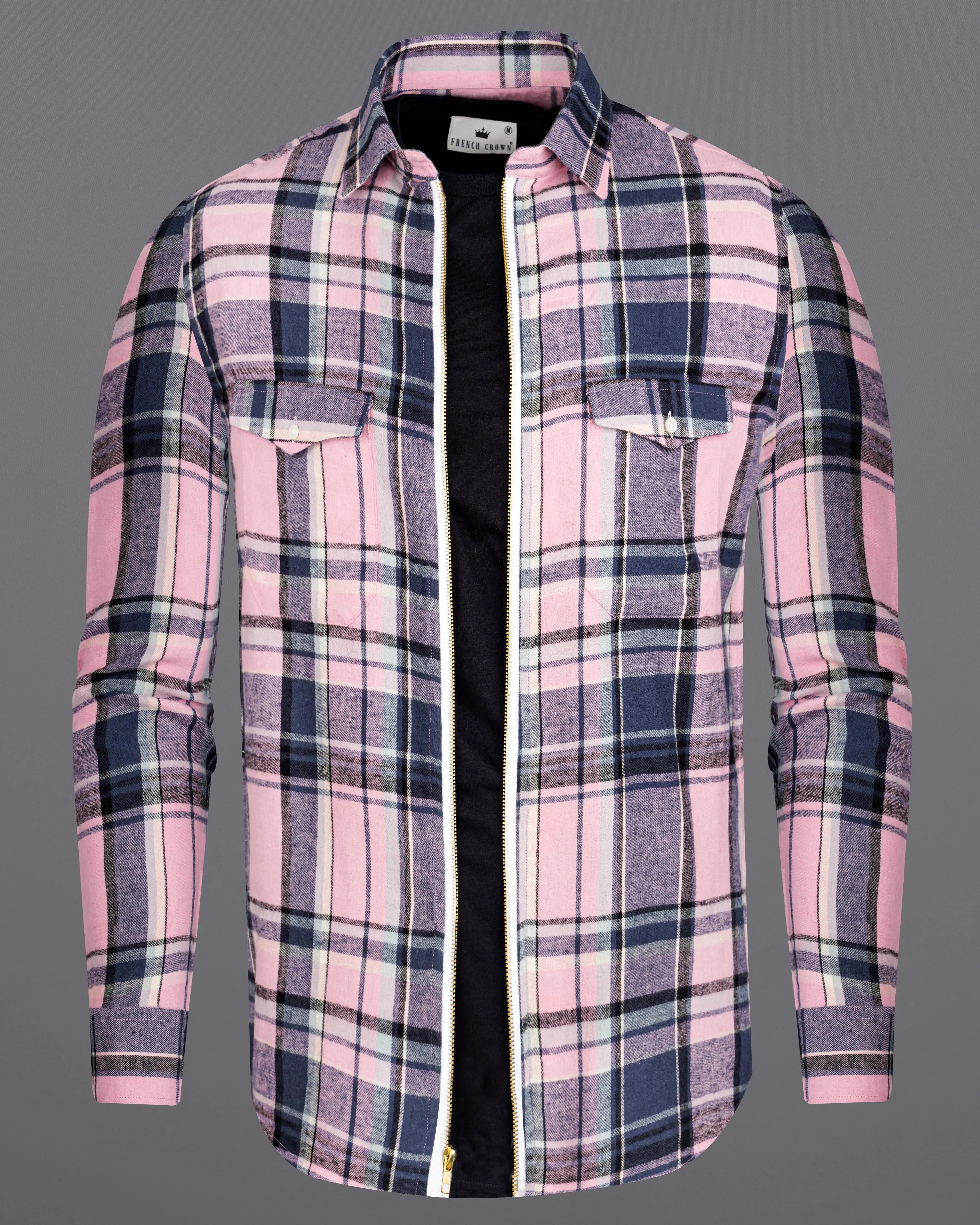 Azalea Pink with Chambray Navy Blue and Black Plaid Flannel Designer Overshirt with Zipper Closure