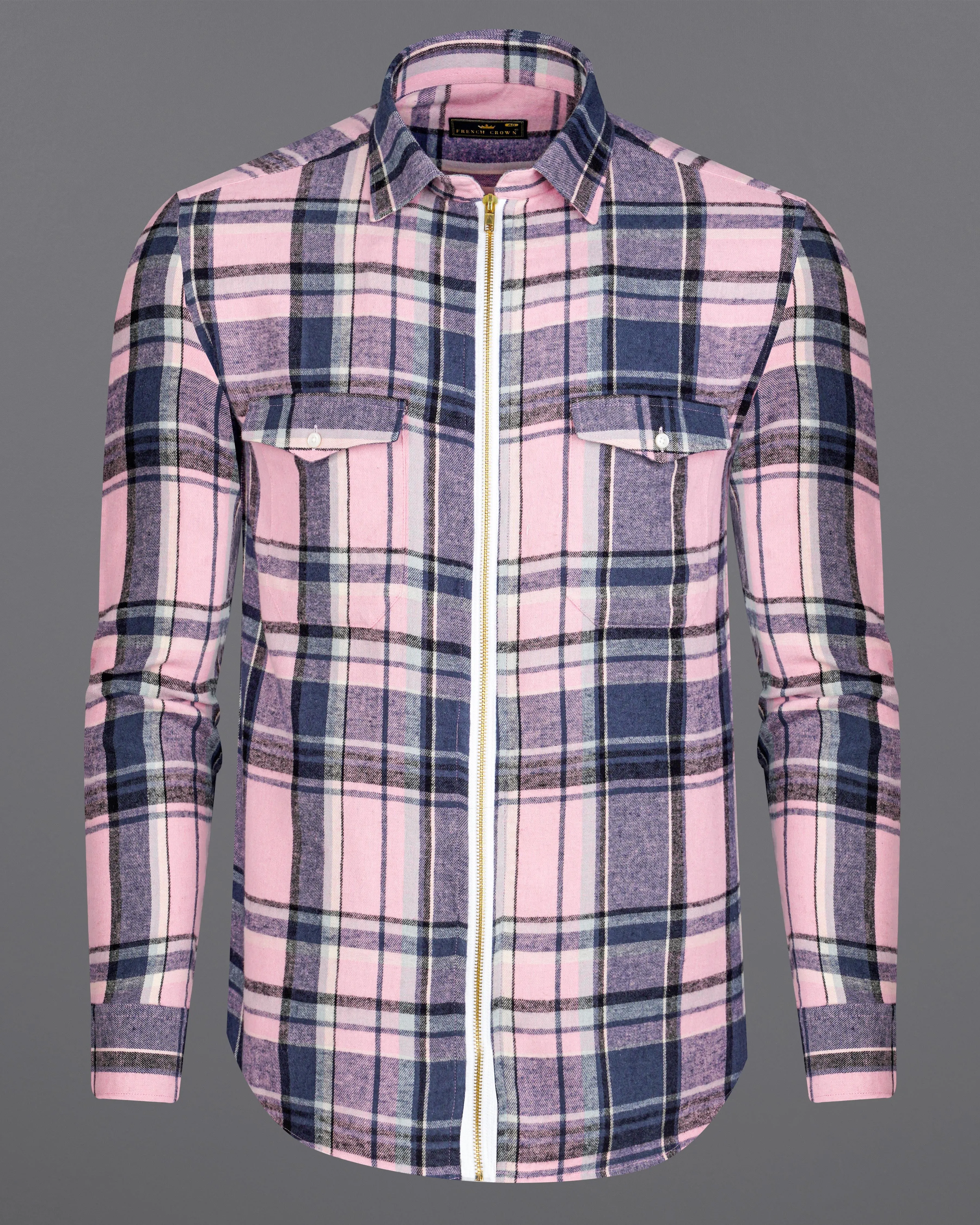 Azalea Pink with Chambray Navy Blue and Black Plaid Flannel Designer Overshirt with Zipper Closure