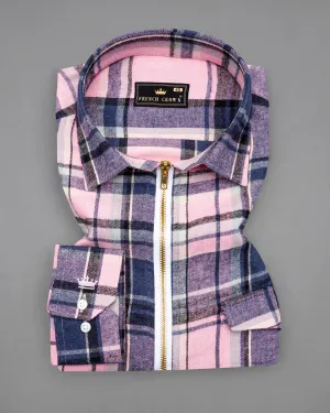 Azalea Pink with Chambray Navy Blue and Black Plaid Flannel Designer Overshirt with Zipper Closure