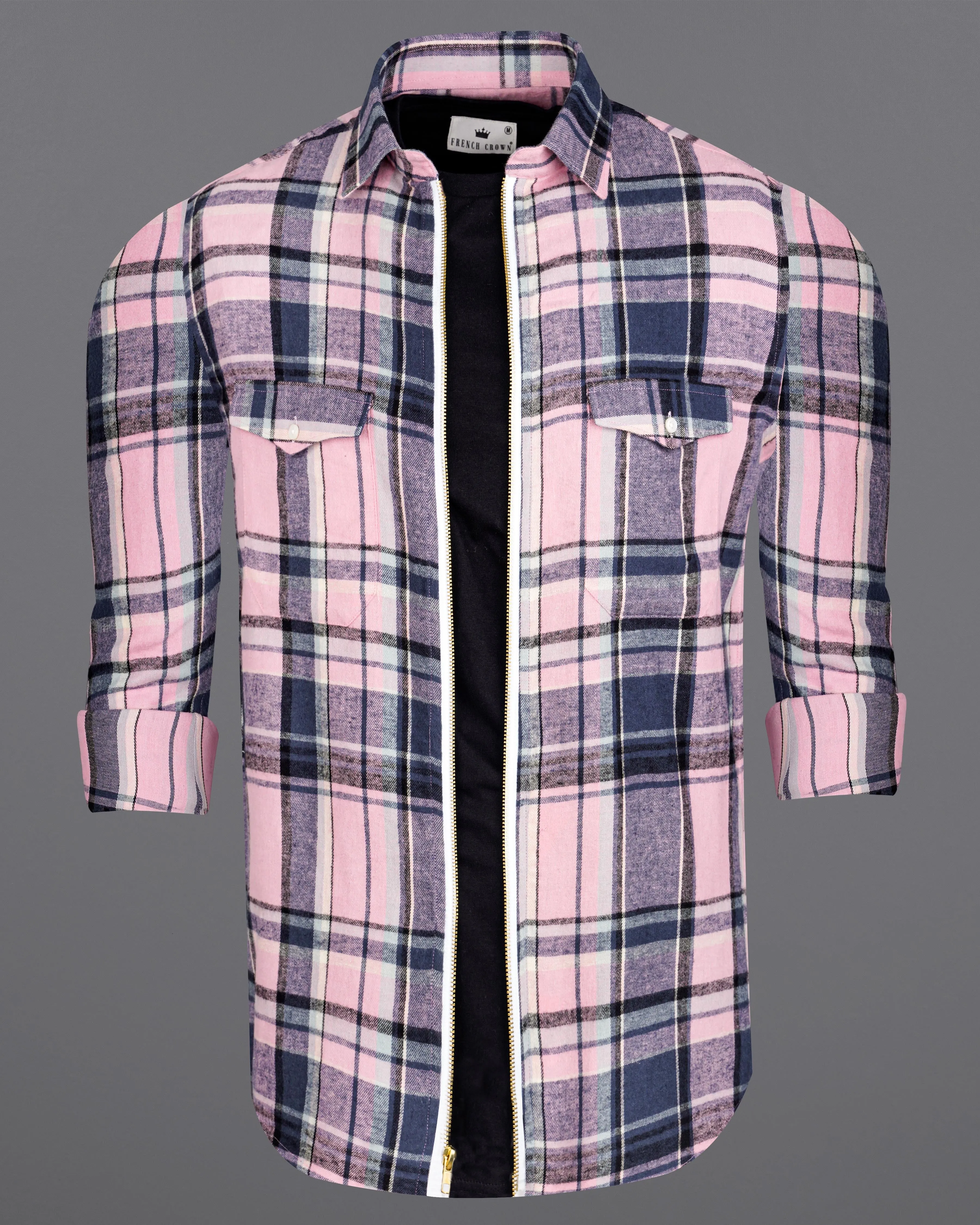 Azalea Pink with Chambray Navy Blue and Black Plaid Flannel Designer Overshirt with Zipper Closure