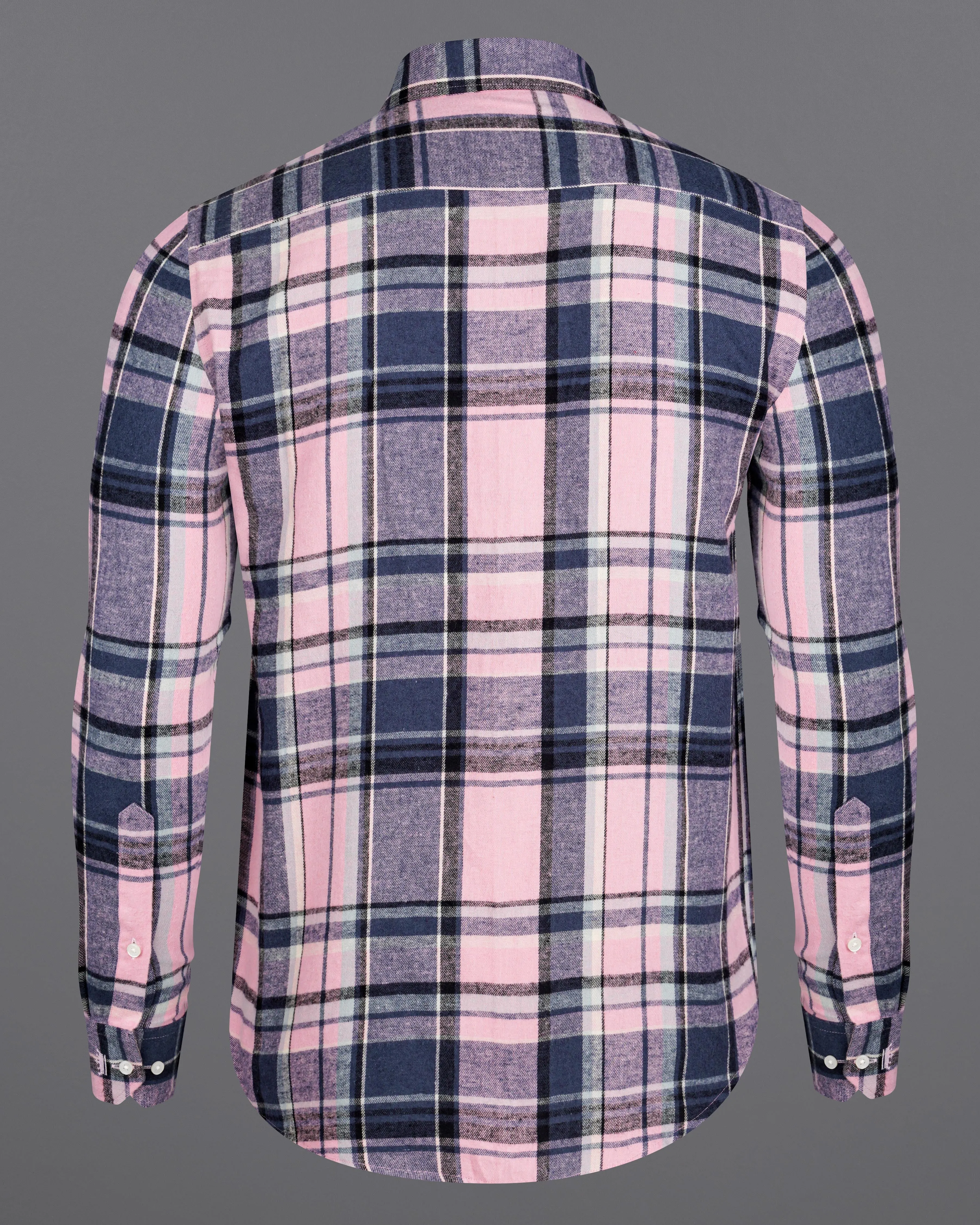 Azalea Pink with Chambray Navy Blue and Black Plaid Flannel Designer Overshirt with Zipper Closure