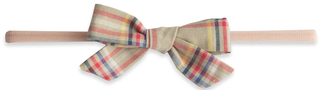Baby Bling Tan Plaid Cotton Print Skinny Bow Headband