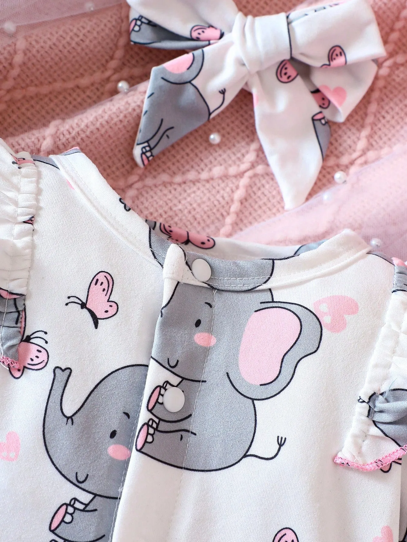 Baby Girl Cartoon Print Ruffle Trim Jumpsuit & Headband - FD