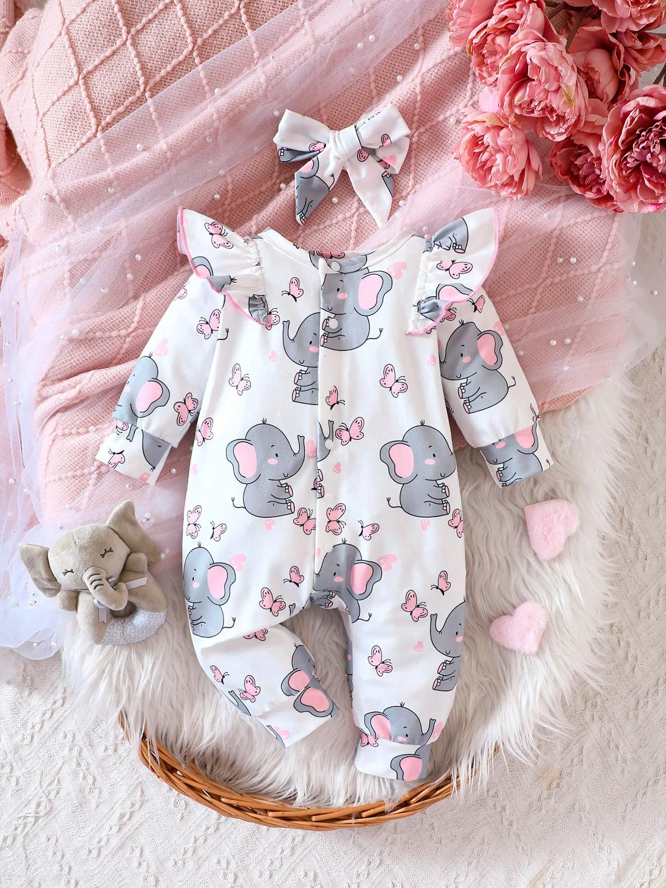 Baby Girl Cartoon Print Ruffle Trim Jumpsuit & Headband - FD