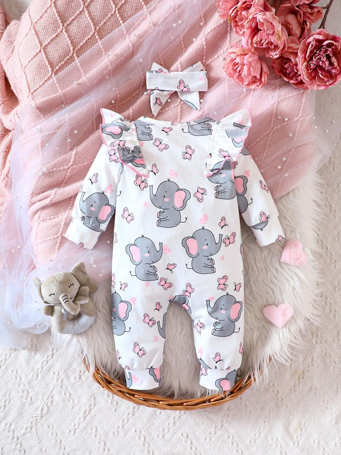 Baby Girl Cartoon Print Ruffle Trim Jumpsuit & Headband - FD