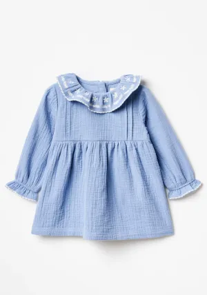 Baby Girl Long Sleeve Ruffle Neck Smock Dress - Blue