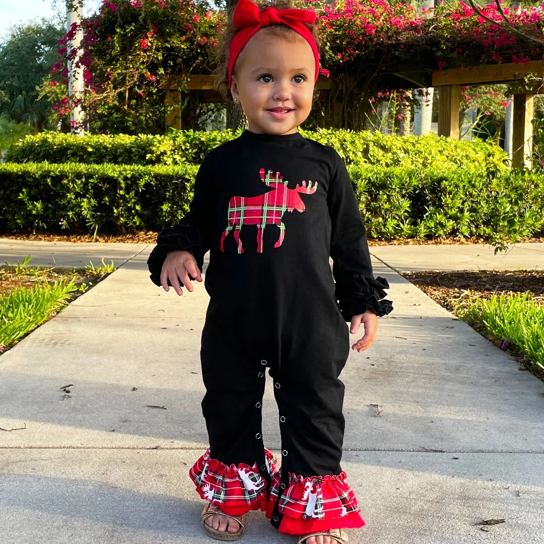 Baby Girls Christmas Plaid Reindeer Holiday Cotton Romper AL Limited