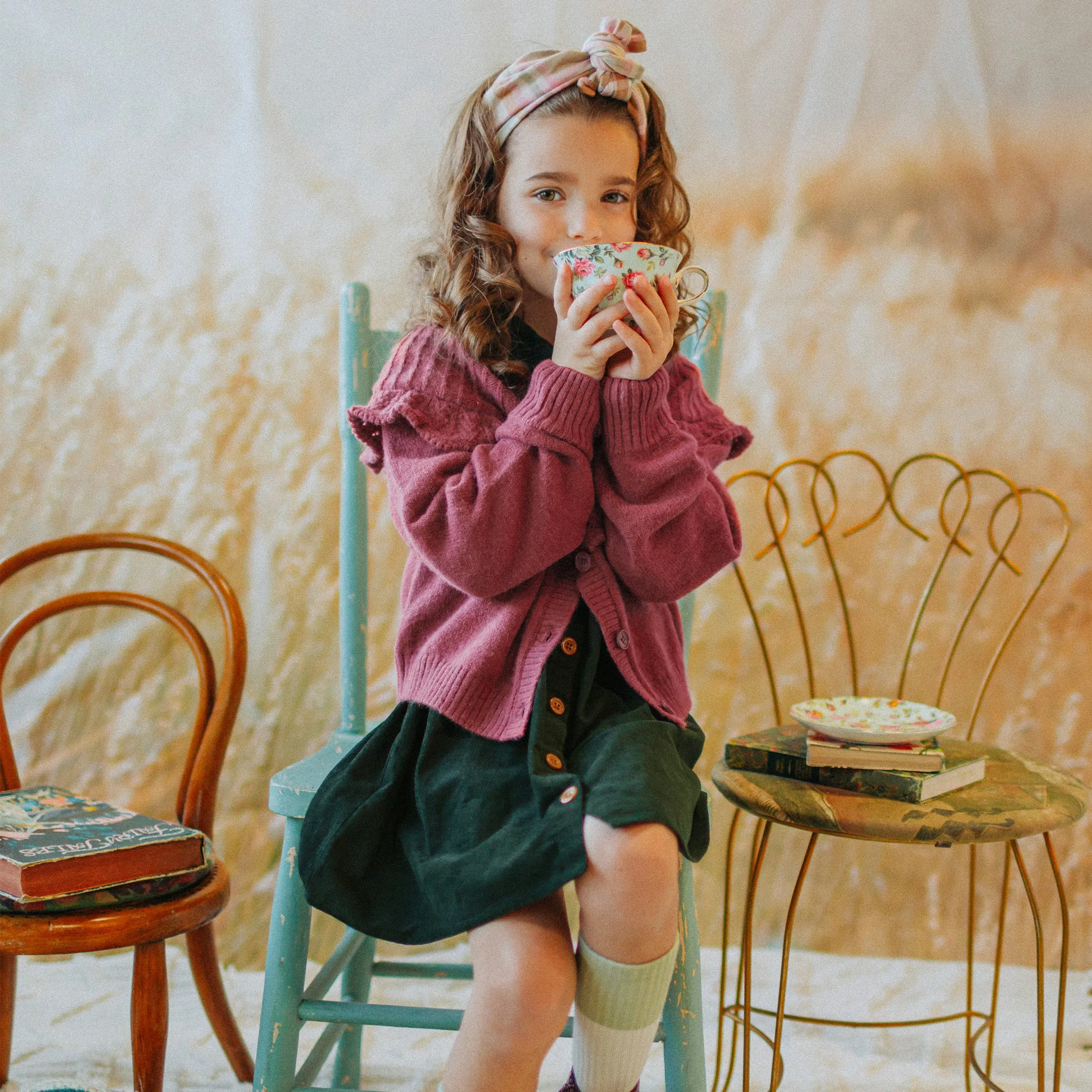 Bandeau beige et rose à carreaux en sergé brossée, enfant || Beige and pink plaid headband in brushed twill, child