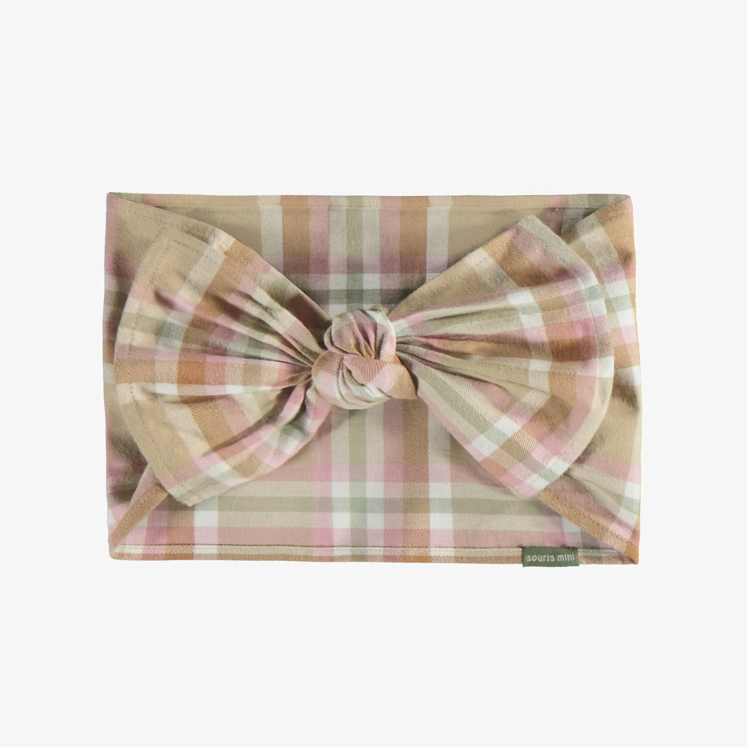 Bandeau beige et rose à carreaux en sergé brossée, enfant || Beige and pink plaid headband in brushed twill, child