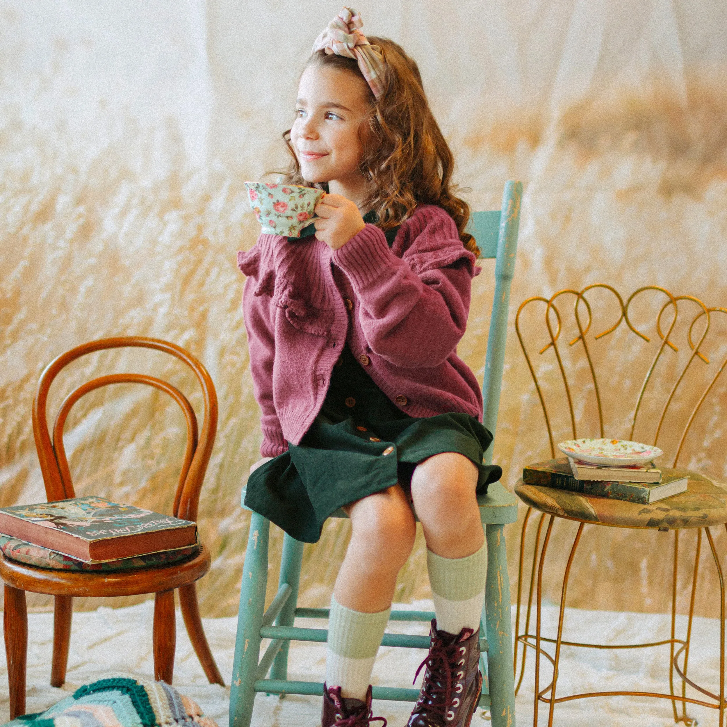 Bandeau beige et rose à carreaux en sergé brossée, enfant || Beige and pink plaid headband in brushed twill, child