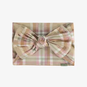 Bandeau beige et rose à carreaux en sergé brossée, enfant || Beige and pink plaid headband in brushed twill, child