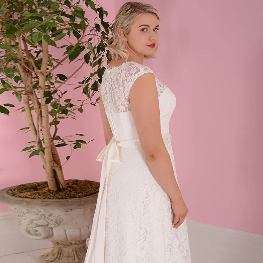 Beautiful  Bridal Dress Plus Size with Cap Sleeves and Beaded Sash Free Shipping