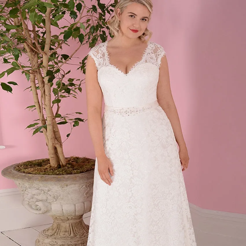 Beautiful  Bridal Dress Plus Size with Cap Sleeves and Beaded Sash Free Shipping