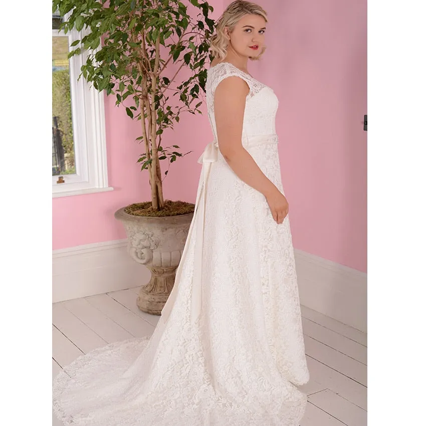 Beautiful  Bridal Dress Plus Size with Cap Sleeves and Beaded Sash Free Shipping
