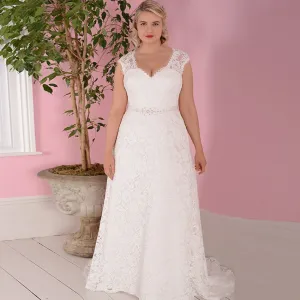 Beautiful  Bridal Dress Plus Size with Cap Sleeves and Beaded Sash Free Shipping