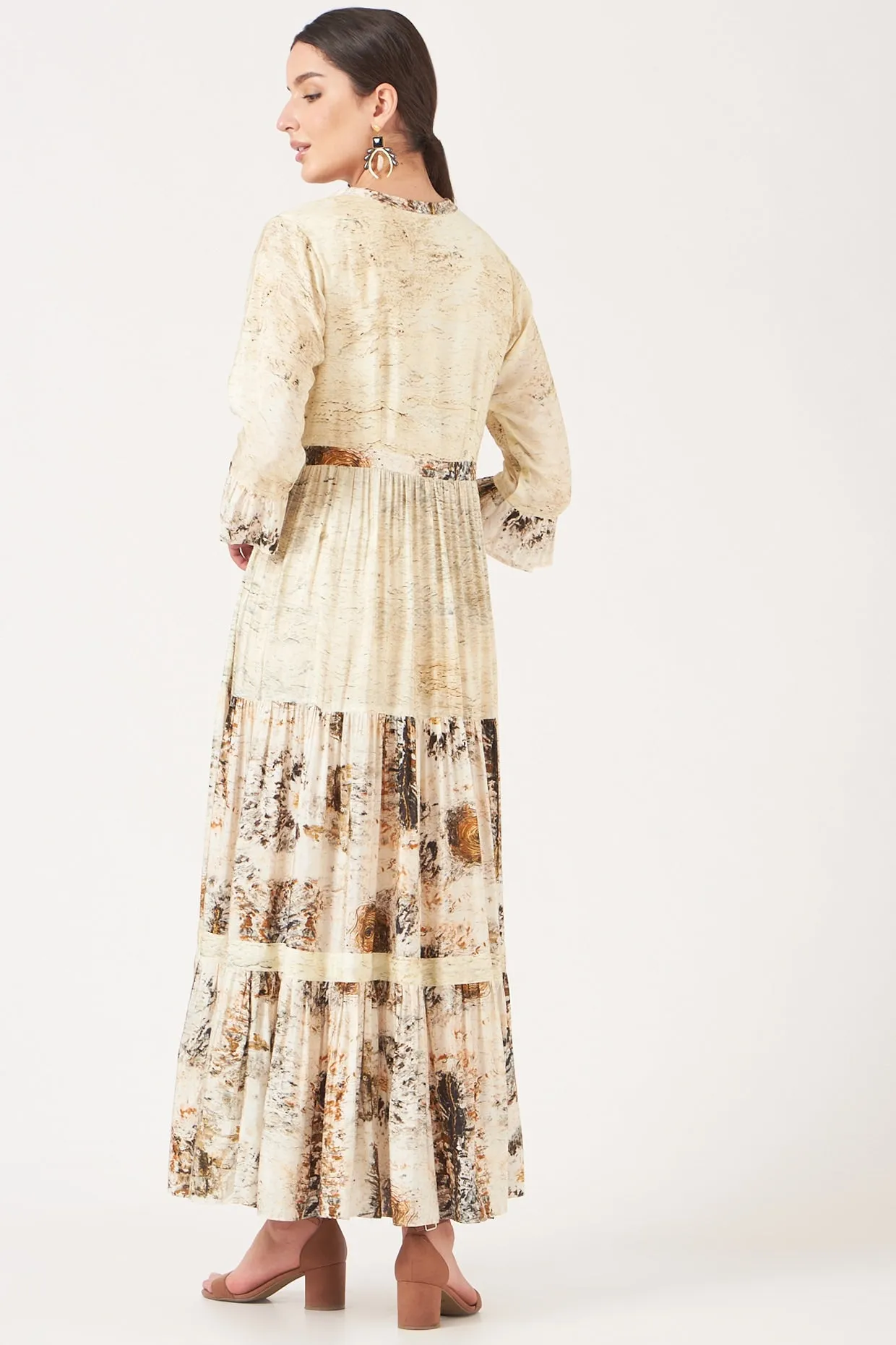 Beige And Gold Divine Print Long Maxi Dress