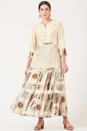 Beige And Gold Divine Print Long Maxi Dress