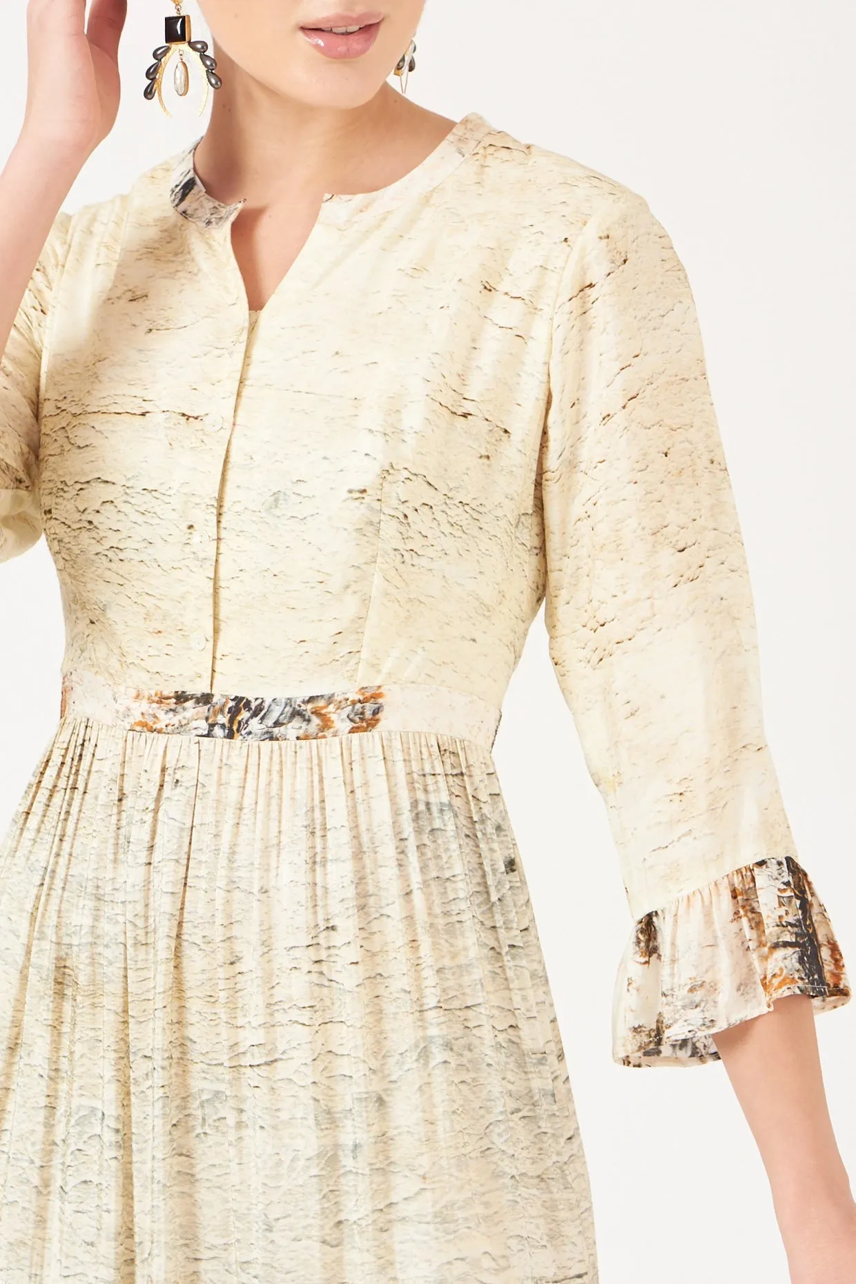 Beige And Gold Divine Print Long Maxi Dress