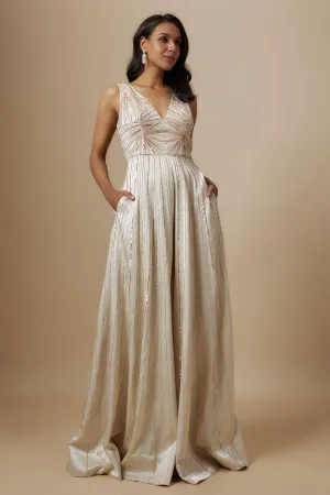 Beige Embroidered Flare Jumpsuit
