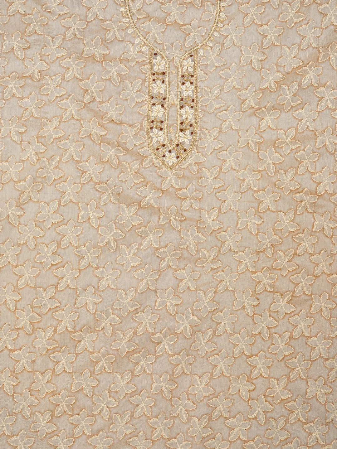 Beige Floral Printed Embellished Cotton Dress Material with Dupatta