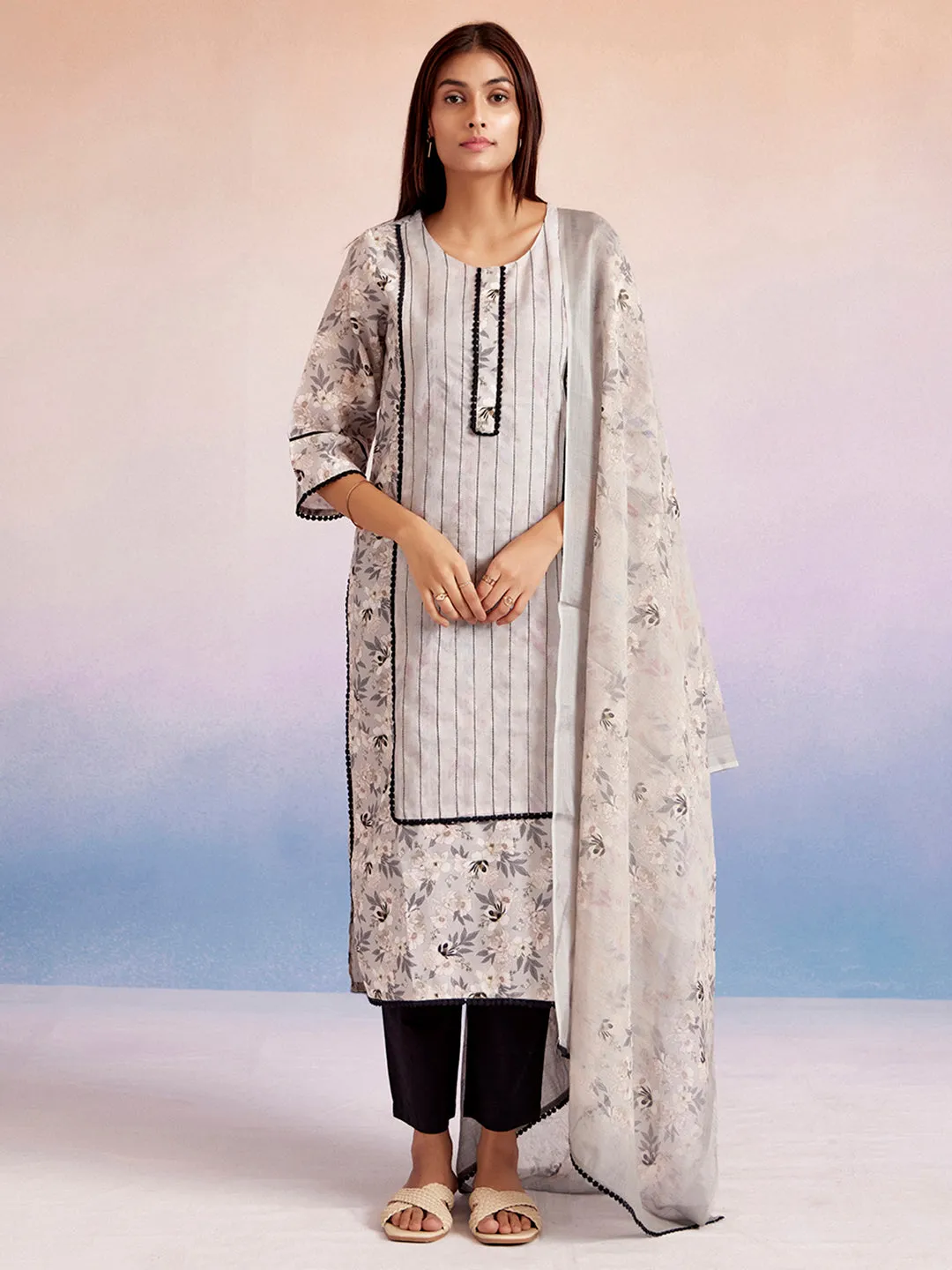 Beige Floral Printed Kurta Set With Dupatta