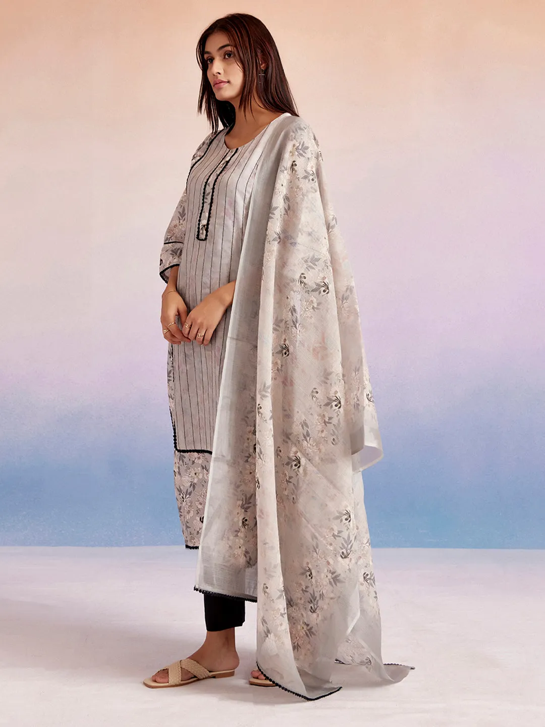 Beige Floral Printed Kurta Set With Dupatta