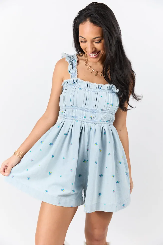 Big Sky Light Wash Denim Embroidered Romper