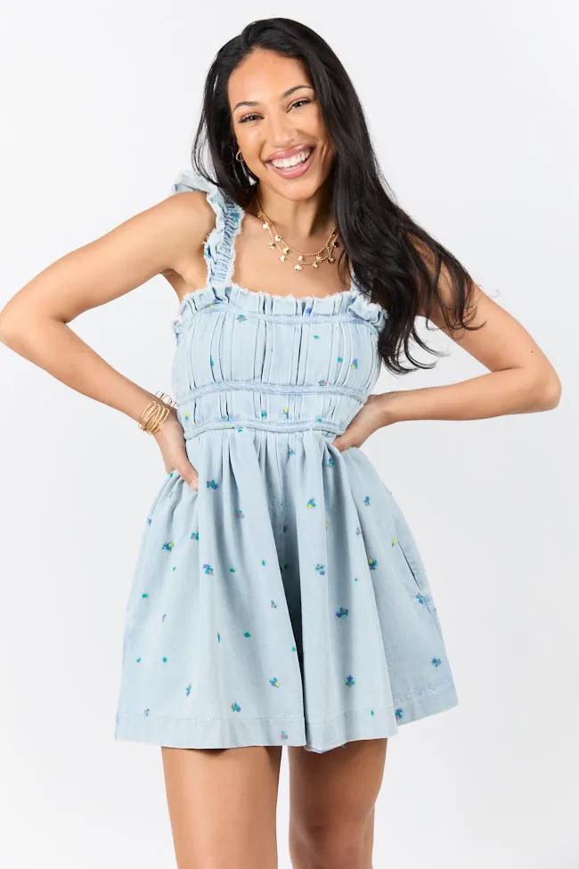 Big Sky Light Wash Denim Embroidered Romper