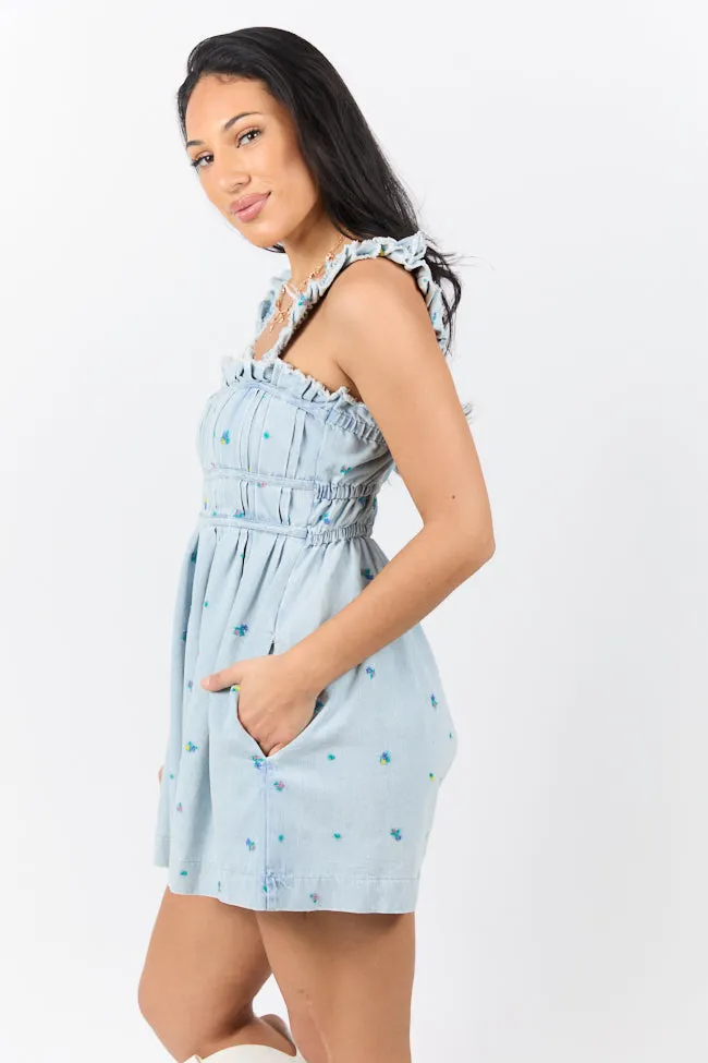 Big Sky Light Wash Denim Embroidered Romper
